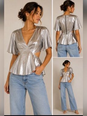 Anthropologie Ro&De Silver V-Neck Cutout-Side Blouse